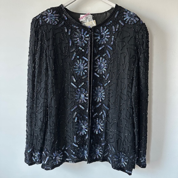 Vintage Black & Blue Sequin Silk Cardigan Size M - Picture 1 of 10